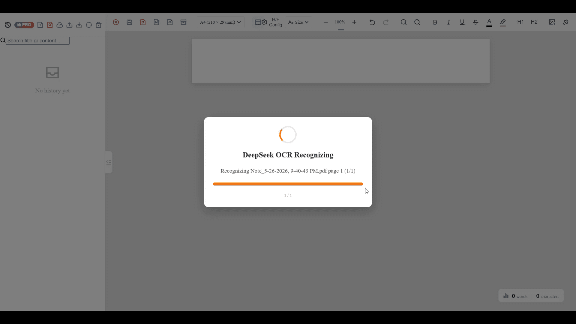 Offline OCR desktop screen showing DeepSeek OCR recognizing page 1 of a one-page PDF on May 26, 2026